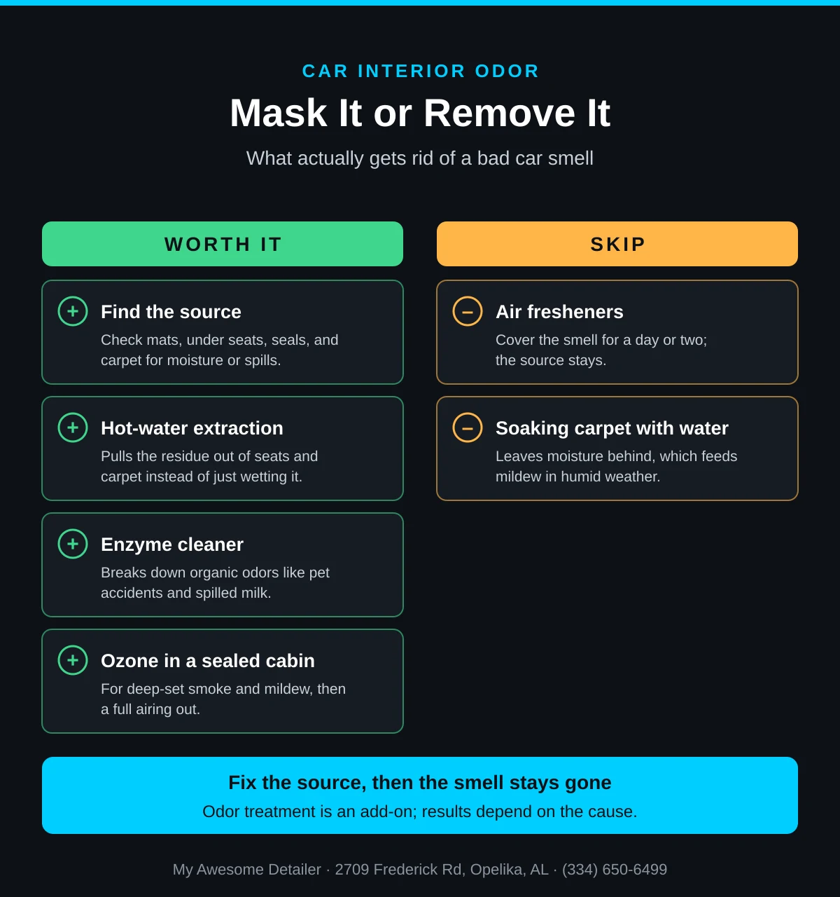 Infographic: what removes a bad car smell versus what only masks it, from My Awesome Detailer, Opelika AL