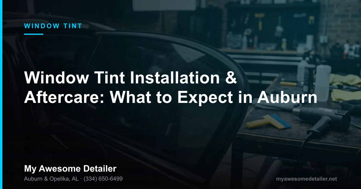 Window tint installation and aftercare in Auburn AL showing film application on a vehicle window at My Awesome Detailer, Opelika AL