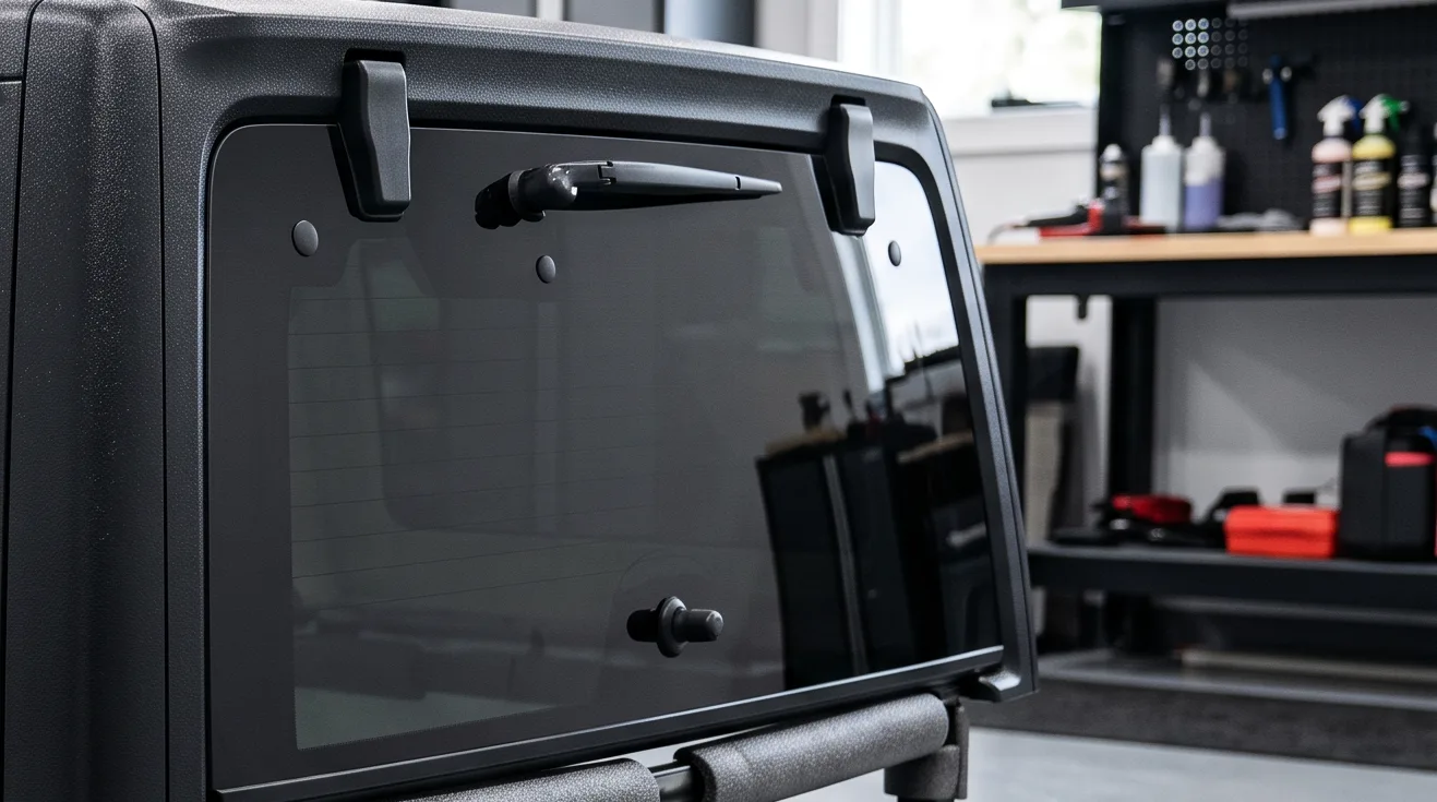 Removed black SUV hardtop with tinted liftgate glass and visible defroster lines resting on foam-padded storage cart supports in a detailing studio, Jeep Wrangler hardtop tint storage