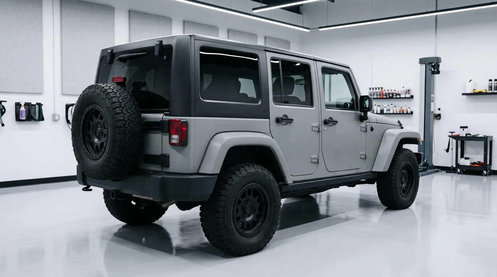 Four-door off-road SUV with a black removable hardtop and dark ceramic tinted rear side and liftgate glass, parked in an indoor detailing studio, Jeep Wrangler window tint example