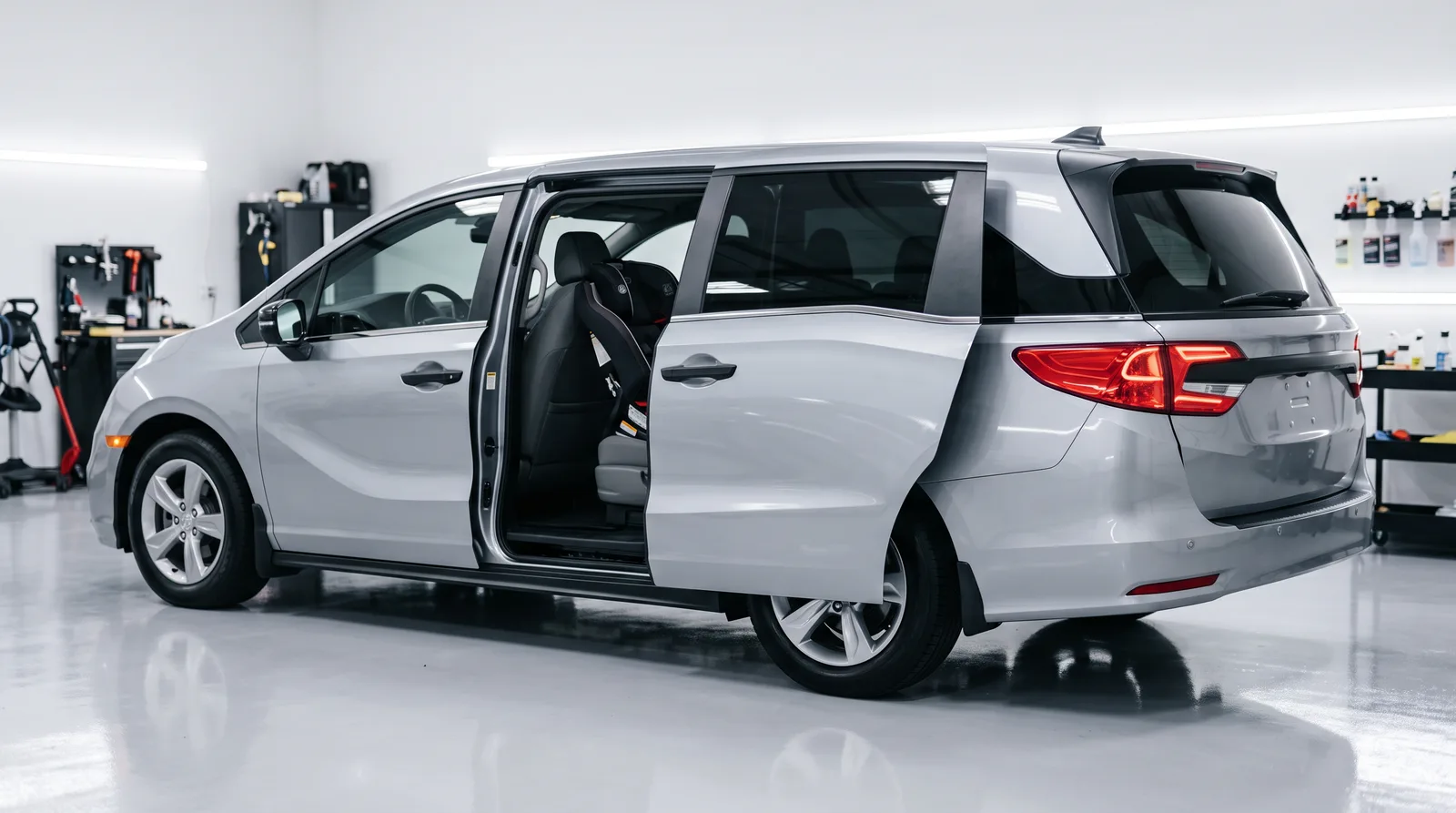 Silver family minivan with the sliding door open showing a child car seat, with darker ceramic window tint on the second-row, third-row quarter, and liftgate glass and a lighter legal shade on the front door, parked in an indoor detailing studio, minivan window tint example