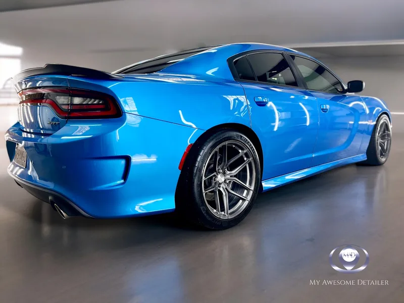 Blue Charger SRT tinted rear