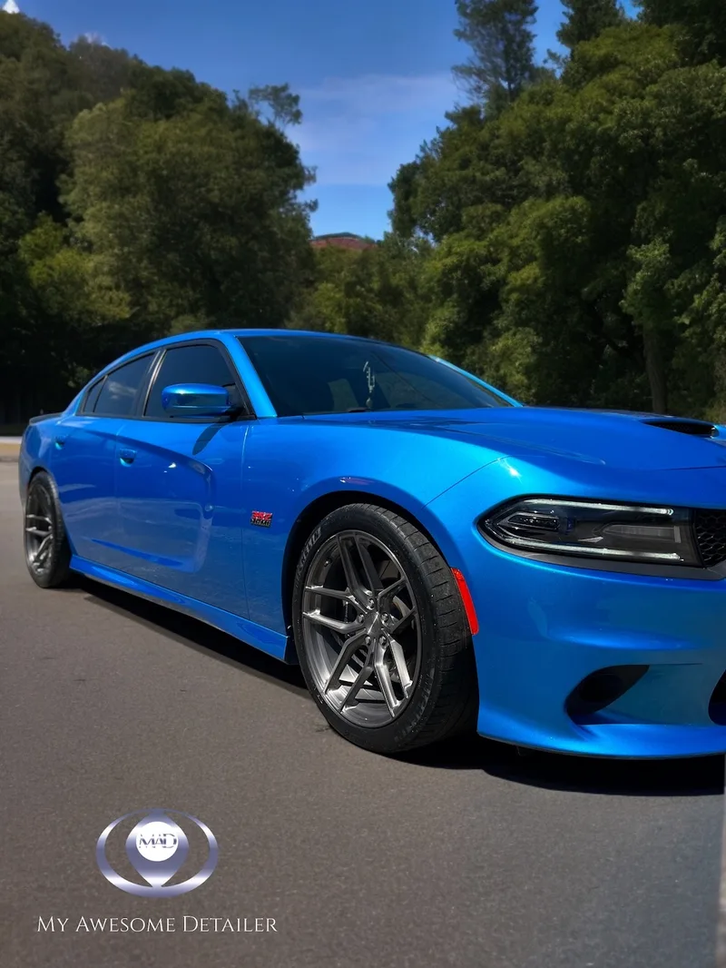 Blue Charger SRT side view outdoors