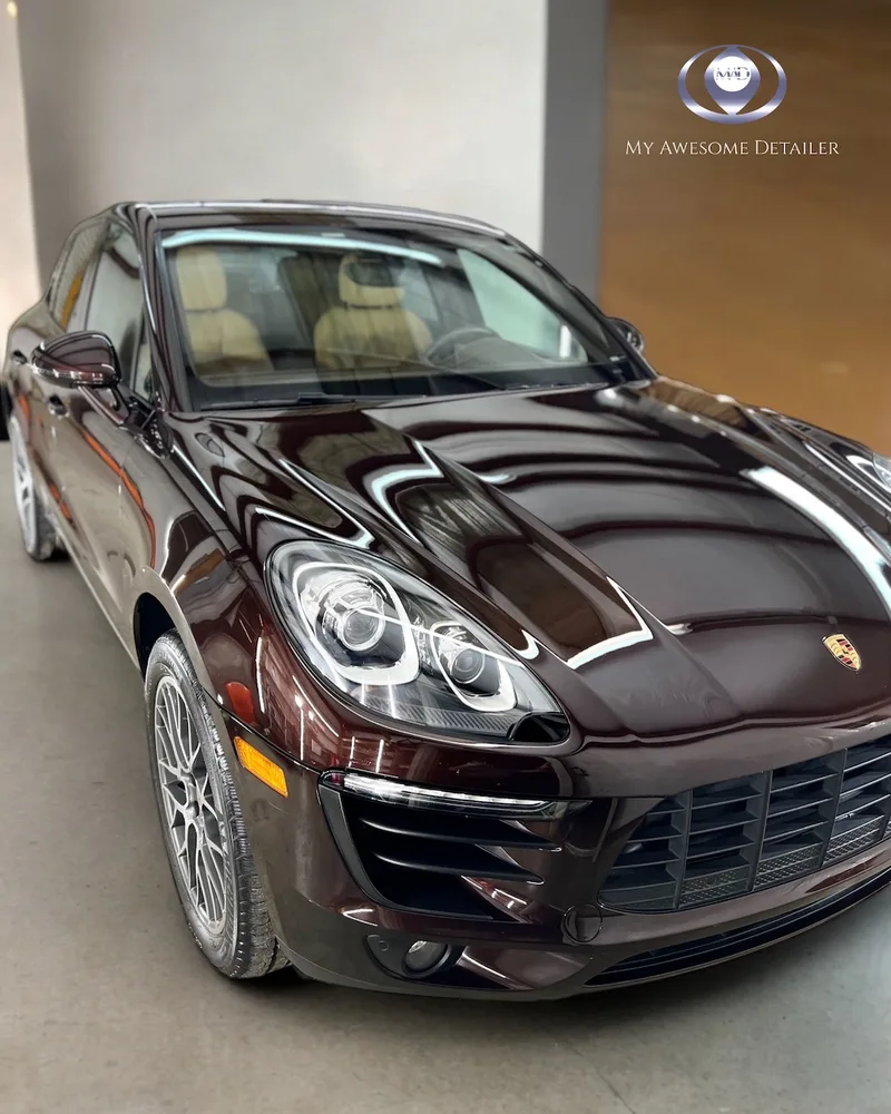 Brown Porsche Macan with partial front PPF