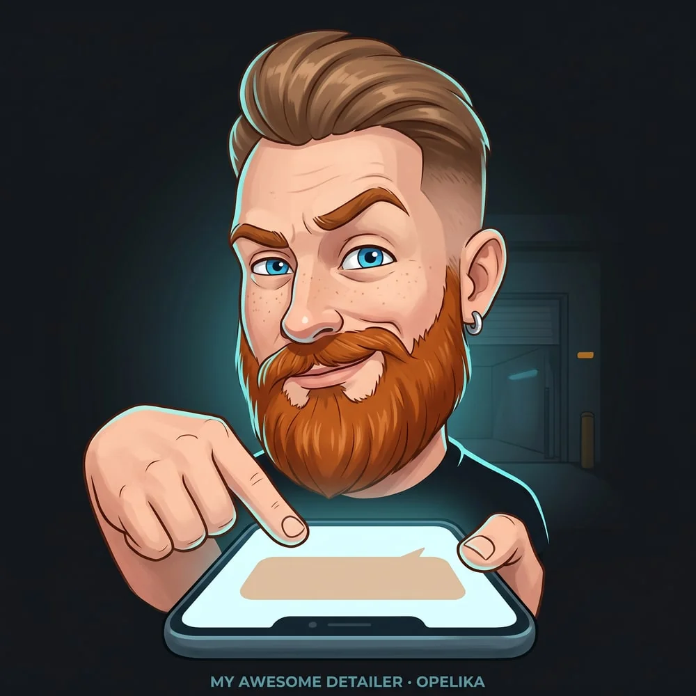 My Awesome Detailer owner, eyebrow raised, pointing at his phone like you know it's time to book.