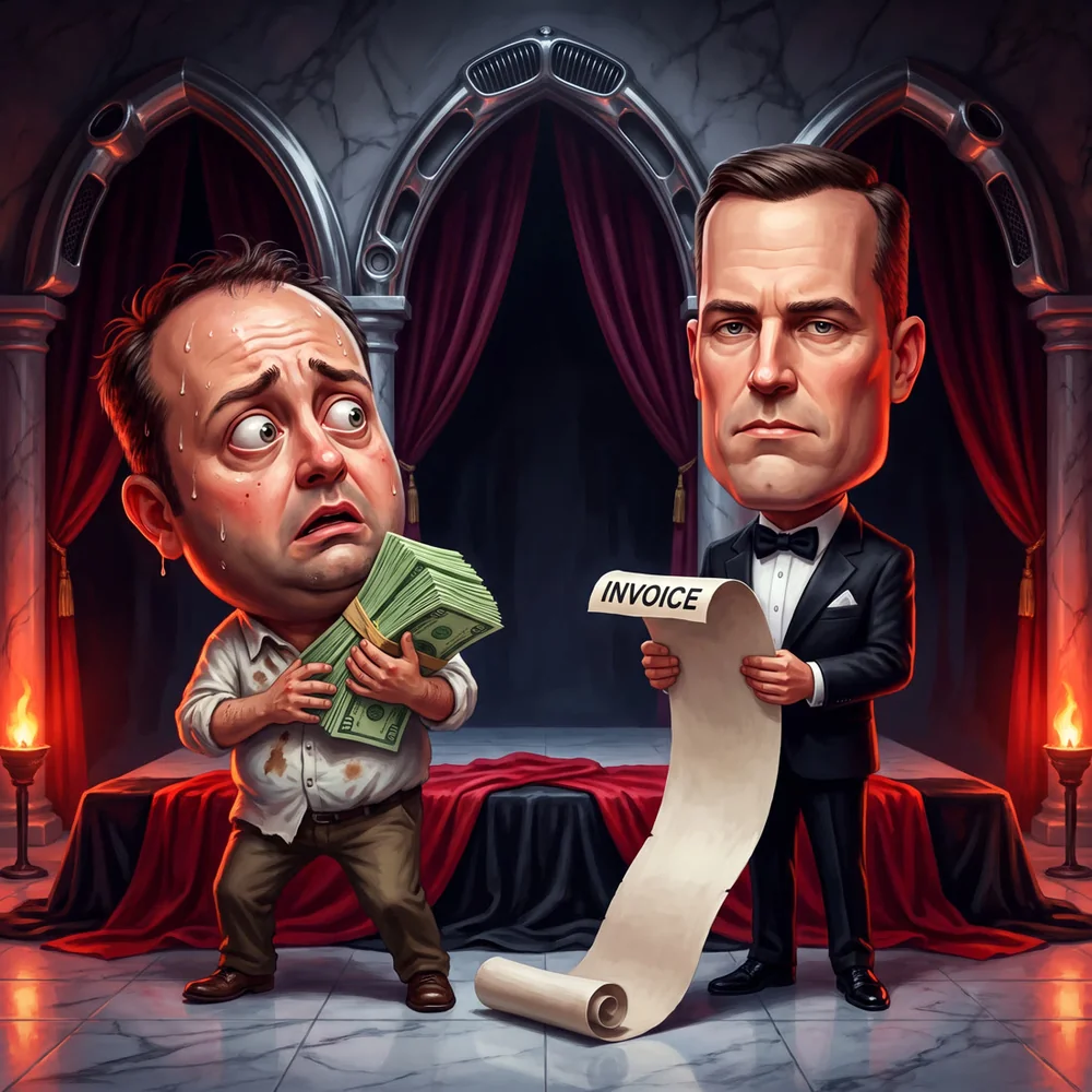 Illustration of a nervous car owner clutching cash at an altar beside a detailer holding a huge invoice
