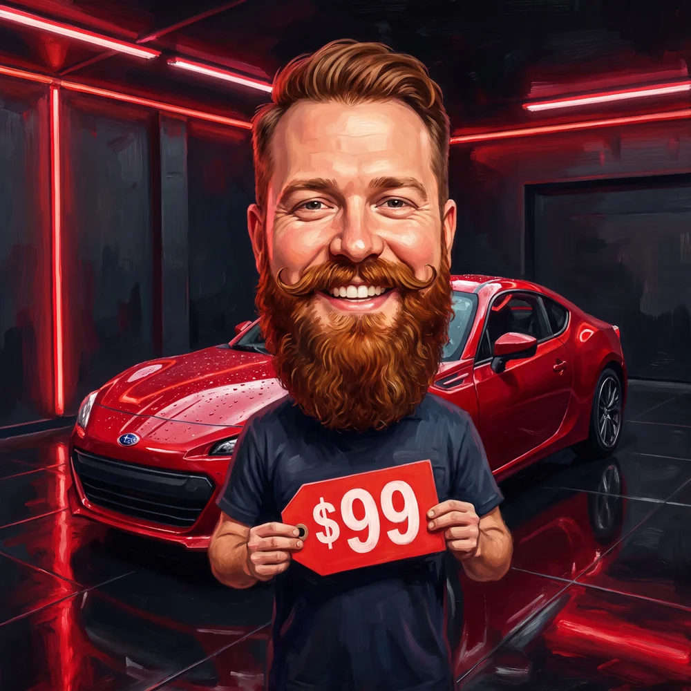 Illustration of the shop owner holding a $99 tag beside a freshly coated red car