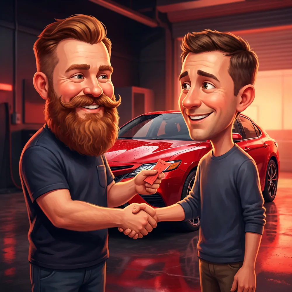 Illustration of the shop owner shaking hands with a happy customer beside a freshly coated red car
