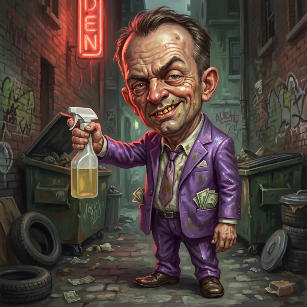 Illustration of a shady salesman in an alley holding a bottle of spray-on fake ceramic